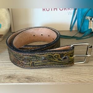 Embossed Leather Belt with Silver Buckle